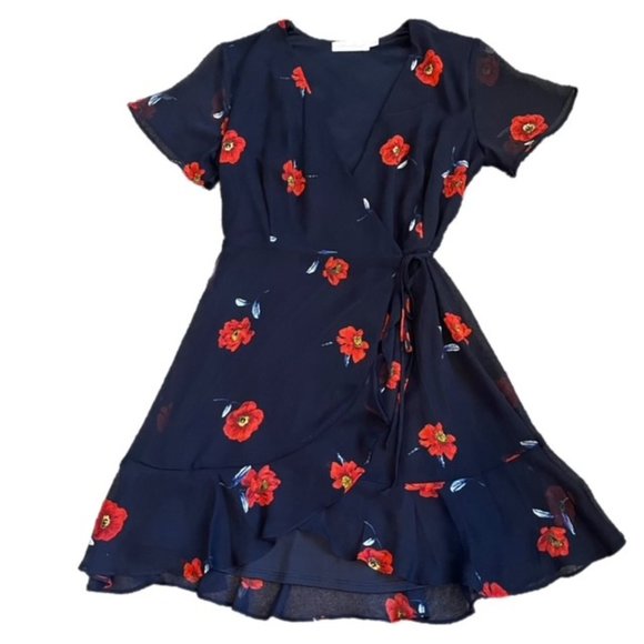 All in Favor Isabella Wrap Flounce Mini Dress Navy and Red Floral - Picture 8 of 9